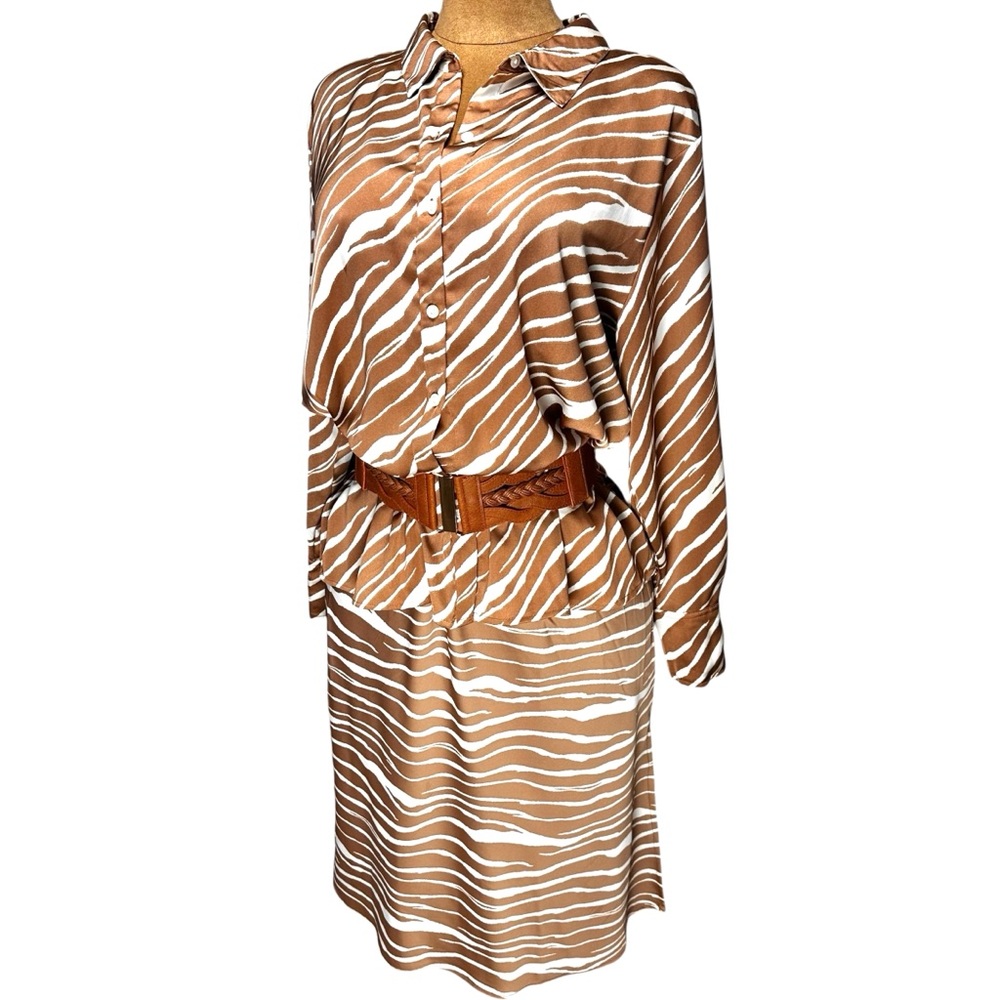 Satin Babydoll Slip Dress & Matching Top 2pc Set Brown Zebra Print Mob Wife Sz L